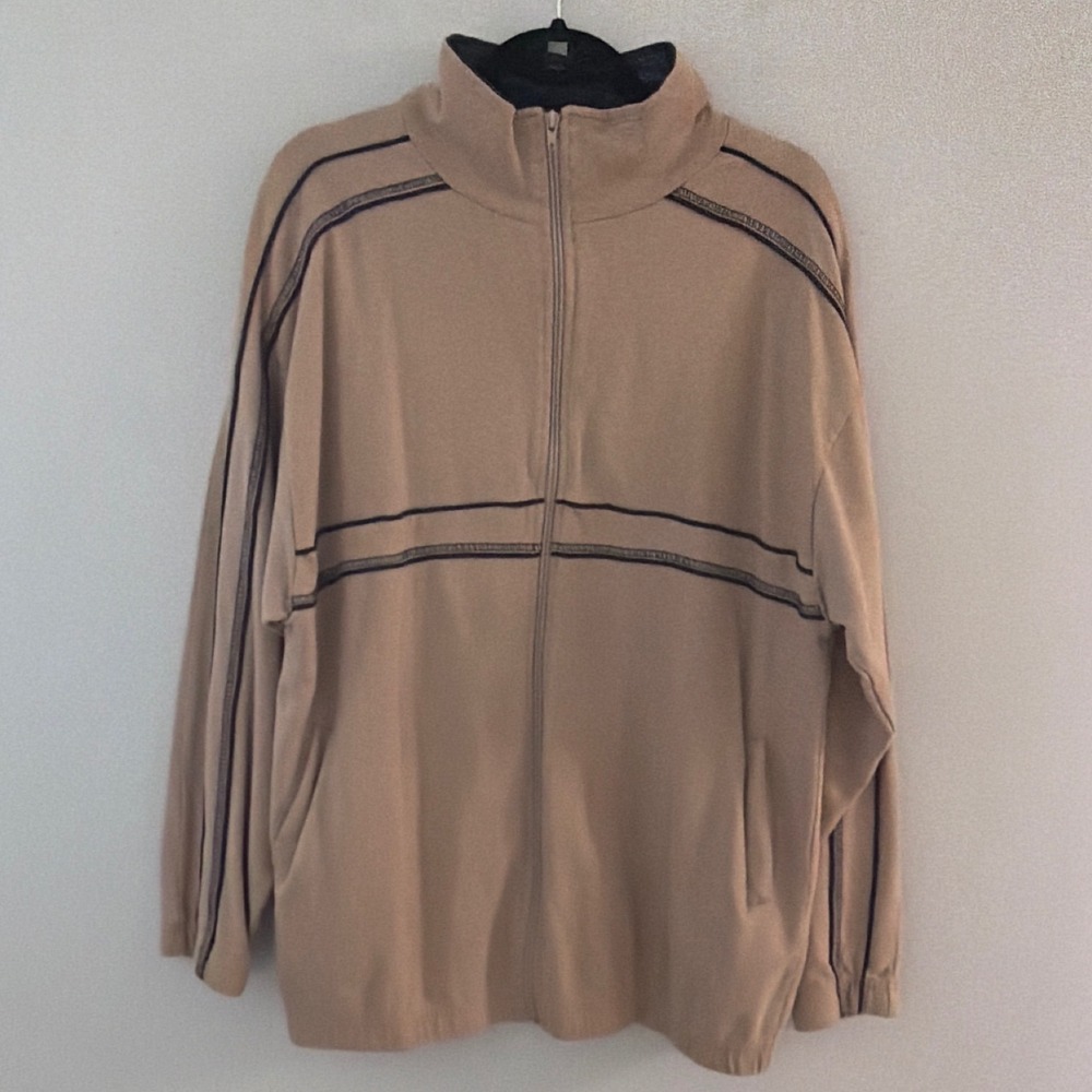 Gionfriddo Men XL Full Zip Track Jacket Tan Cotton Made Italy Mock Neck Striped